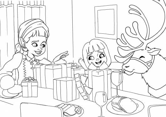 Join in the fun and bring color to Santa's Village with this coloring page featuring Leena giving presents from the North Pole!