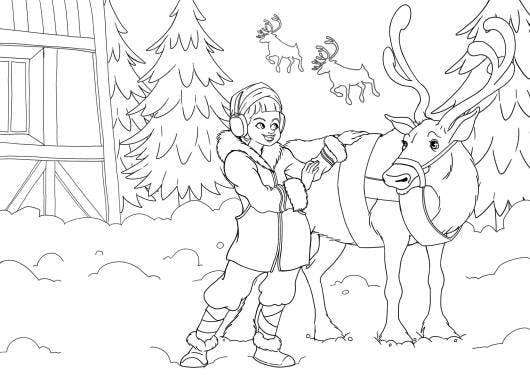 ¡Ven a divertirte y dale color a la aldea de Santa con este dibujo para colorear de Leena y el reno del Polo Norte!