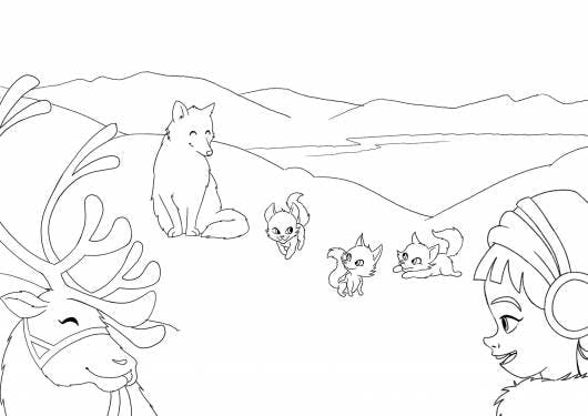¡Ven a divertirte y dale color a la aldea de Santa con este dibujo para colorear de Leena y los zorros árticos del Polo Norte!