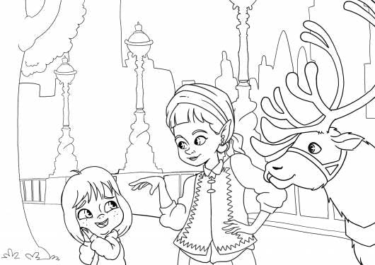 Porta il colore nel Villaggio di Babbo Natale con questa pagina da colorare con Leena e una bambina!